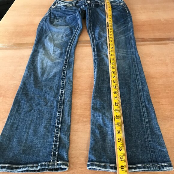 Miss Me Bootcut Jeans Women 31 Blue Low Rise Rhinestone Flap Pocket Thick Stitch - Picture 3 of 16